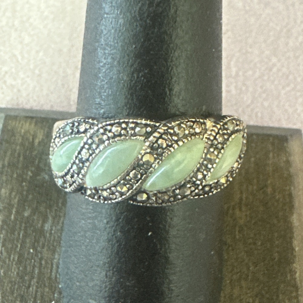Vtg Signed NV Art Deco Ring Oxidized Sterling Silver 925 Aventurine Marcasite 8 - Picture 2 of 8